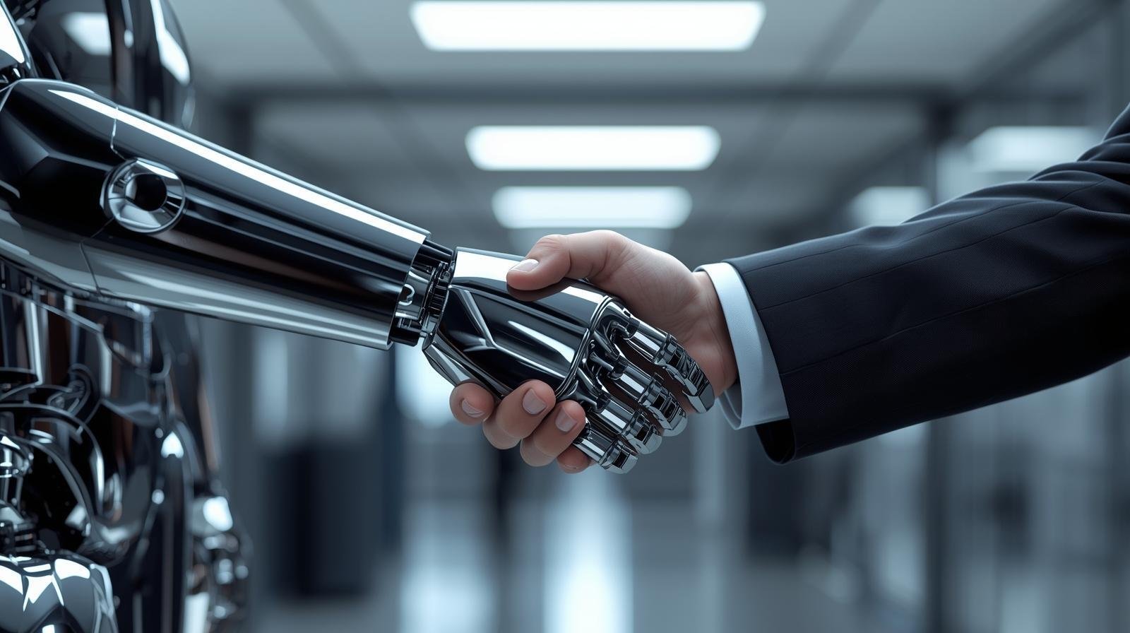 haz una imagen de un robot dándole la mano a un empresario que se vea real no animado (1)